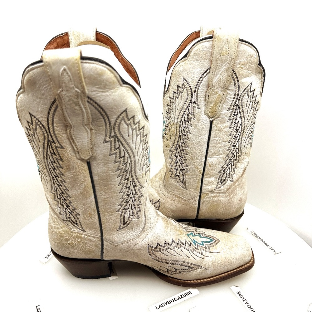 Like New Dan Post Cream and Turquoise Heeled Boots Size 8 - Picture 5 of 17